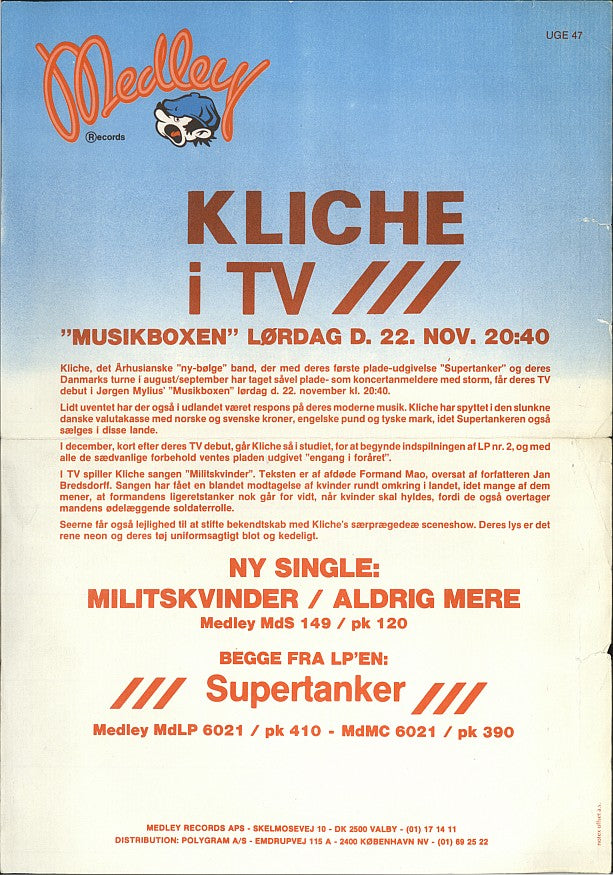 Pressemeddelelse: Kliché i Musikboxen den 22. november 1980. Arkiv: Søren Bombæk / HUG-info.dk.