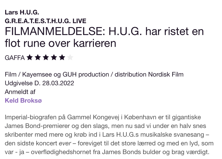 ⭐️⭐️⭐️⭐️⭐️ Gaffa har anmeldt L.A.R.S.T. H.U.G. VEGA Koncert filmen